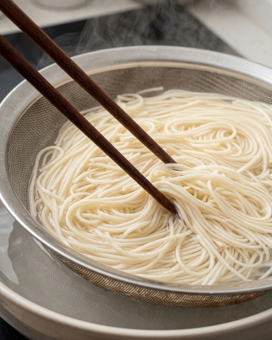 A mesh strainer filled with cooked, steaming ramen noodles being lifted from a pot by wooden chopsticks.