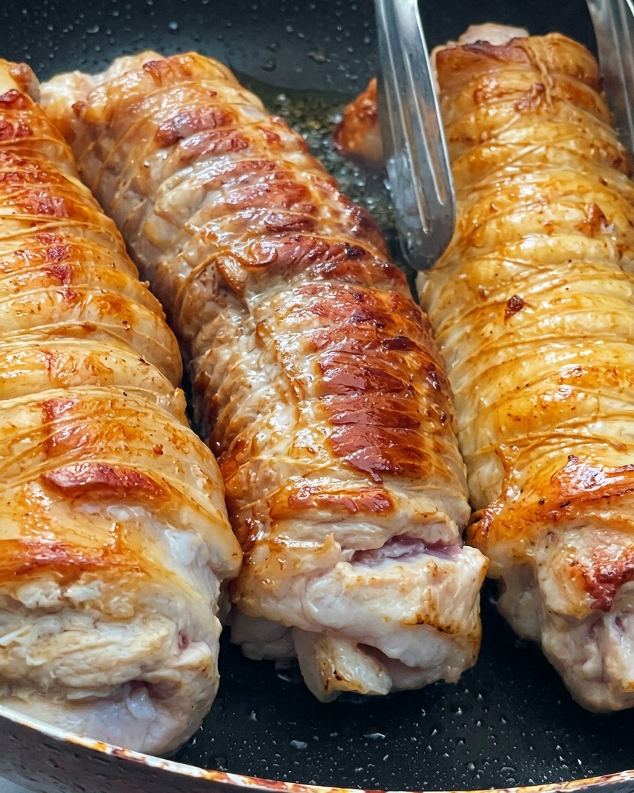 Three tied logs of pork belly browning in a pan with metal tongs adjusting their position.