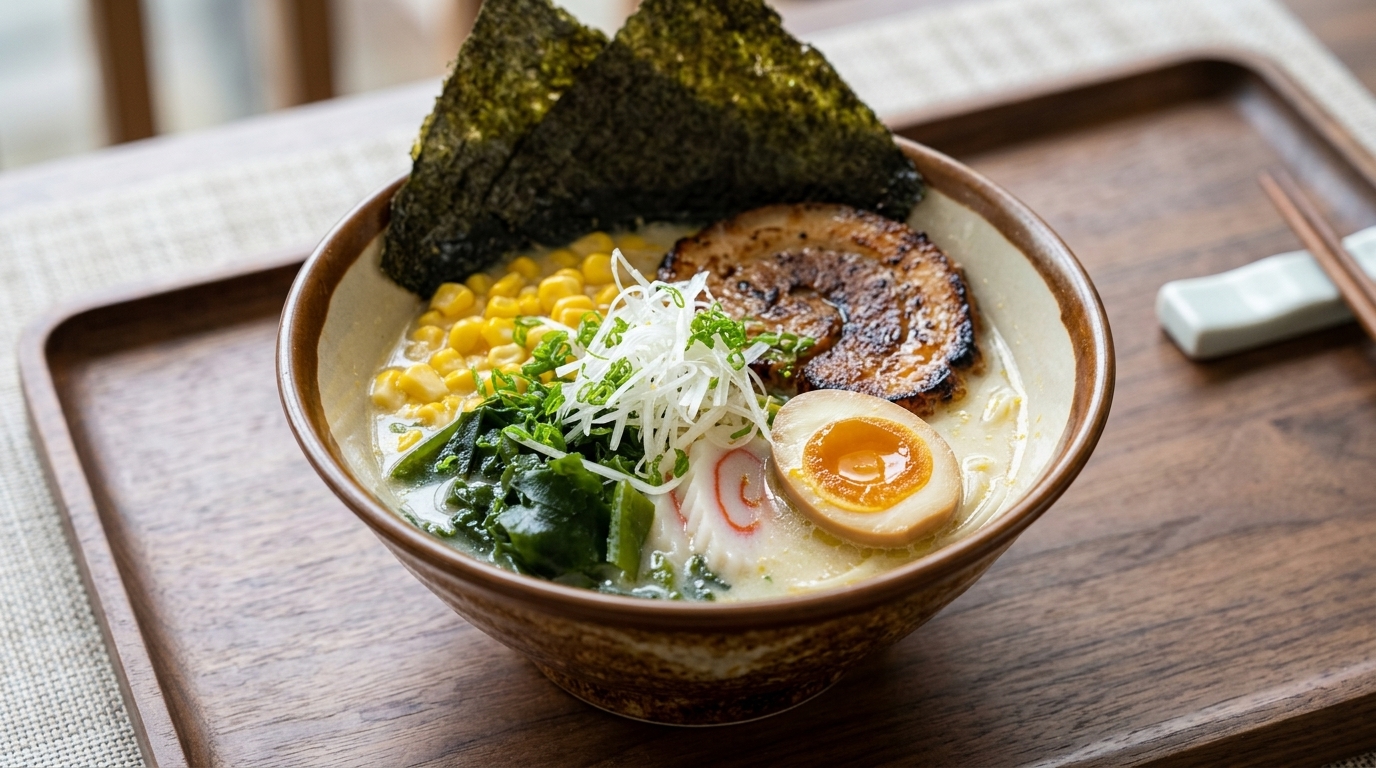 A vibrant bowl of Yuzu Shio Ramen with creamy broth, seared chashu pork, a soft-boiled egg, and fresh toppings
