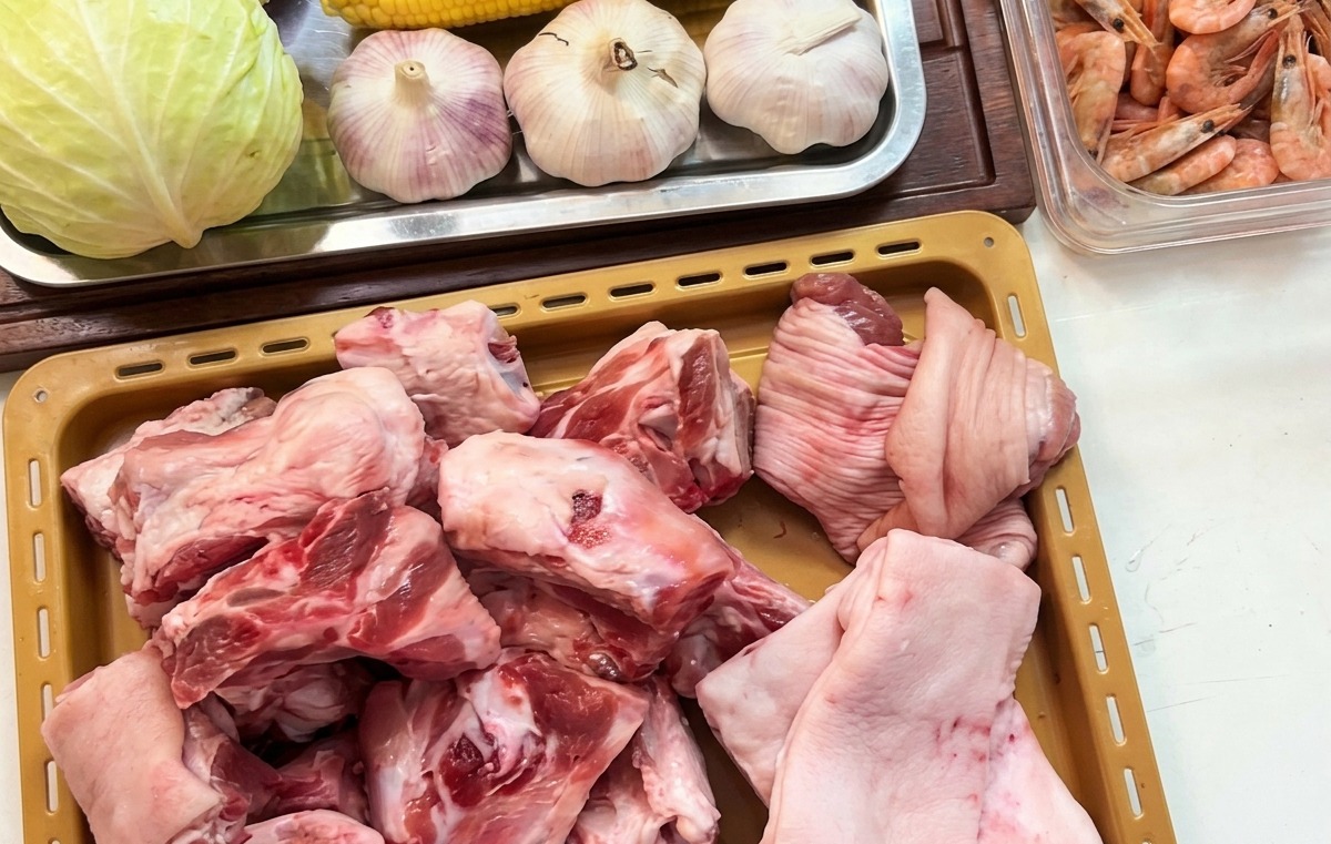 A variety of raw ingredients including pork bones on a tray, a container of pink shrimp, corn on the cob, and garlic bulbs laid out on a kitchen counter.