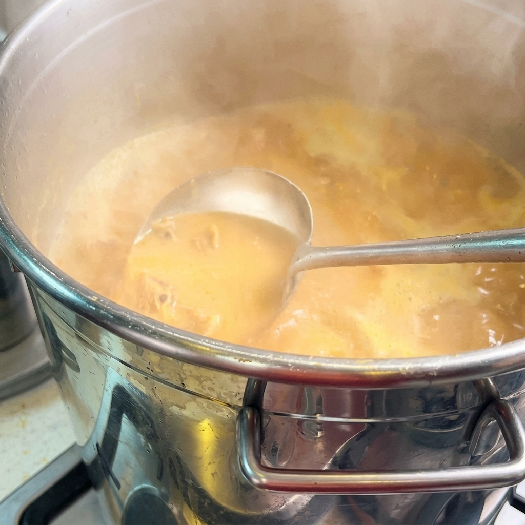 A metal ladle lifting a scoop of thick, opaque, vibrant yellow-orange shrimp ramen broth from a large professional stockpot.