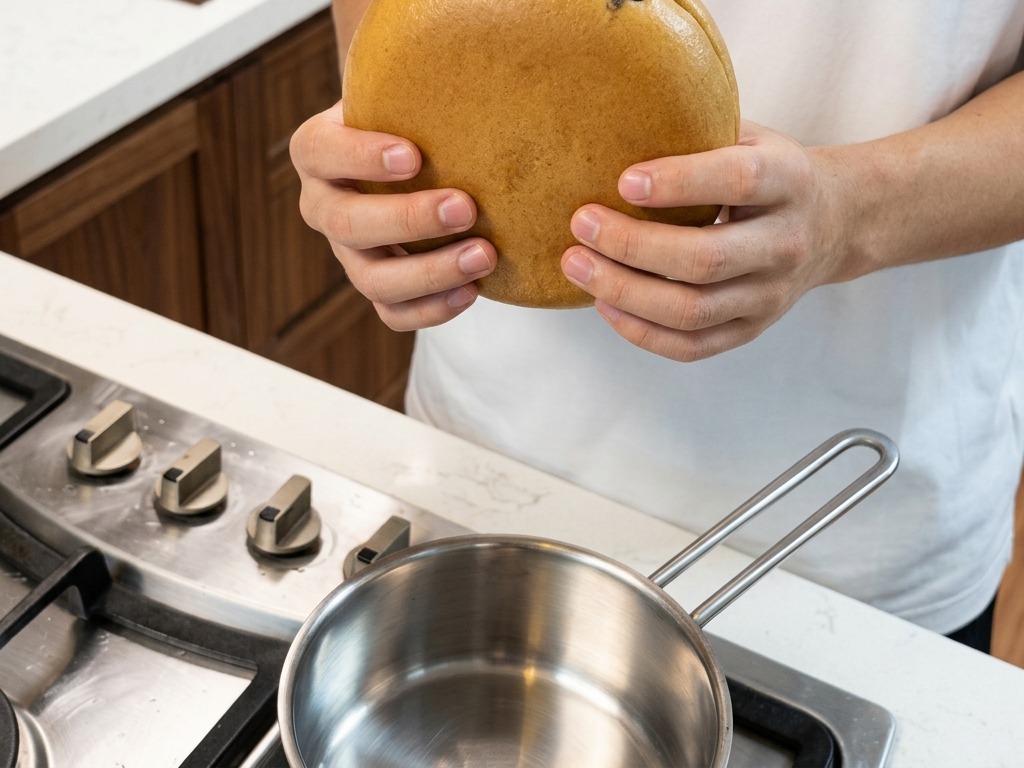 A person holding a solid circular disk of frozen ramen over a stainless steel pot showing the smooth tan colored frozen soup base