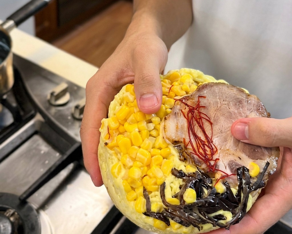 A person holding a circular frozen ramen puck topped with yellow corn a slice of pork chashu and shredded wood ear mushrooms over a stovetop