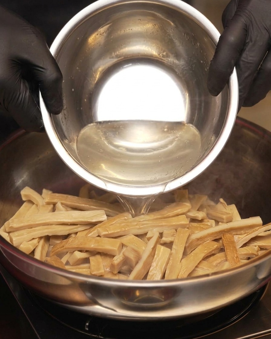 Clear liquid being poured from a stainless steel bowl onto the stir-fried bamboo shoots in the pan.
