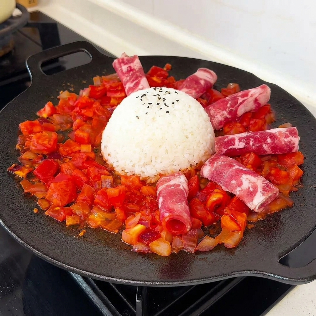 A dome of white rice topped with black sesame seeds surrounded by rolls of raw marbled beef on a bed of cooked tomatoes.