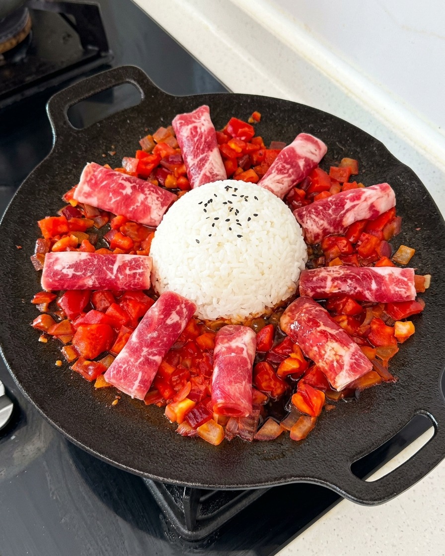 Dark brown savory sauce being drizzled over raw beef rolls and red tomato sauce in a circular pan.