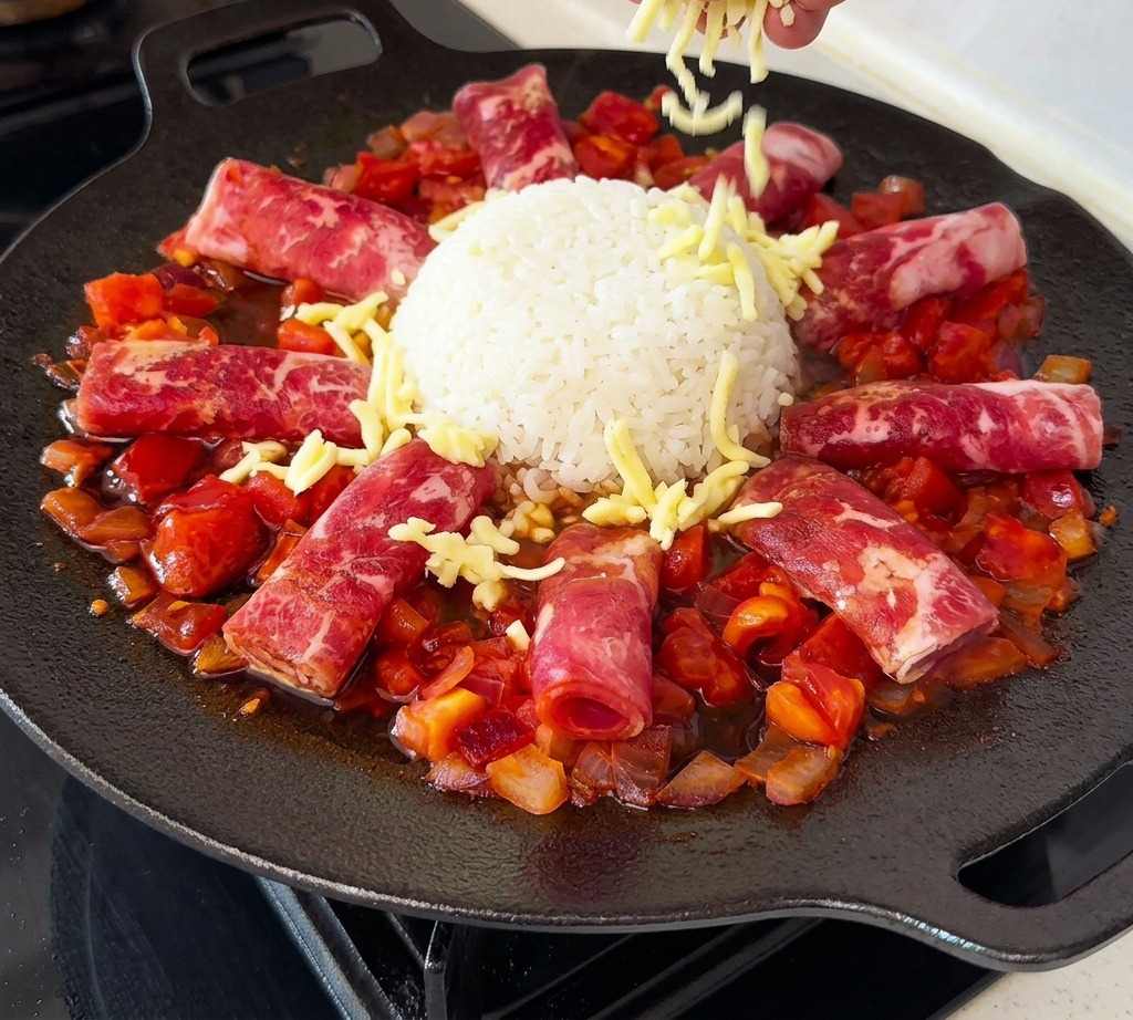 A hand sprinkling white shredded cheese over a ring of beef and tomatoes surrounding a central rice ball.