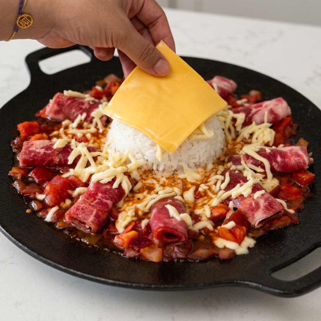 A hand placing a square slice of yellow cheddar cheese on top of a dome of white rice in a pan surrounded by beef rolls and shredded cheese.