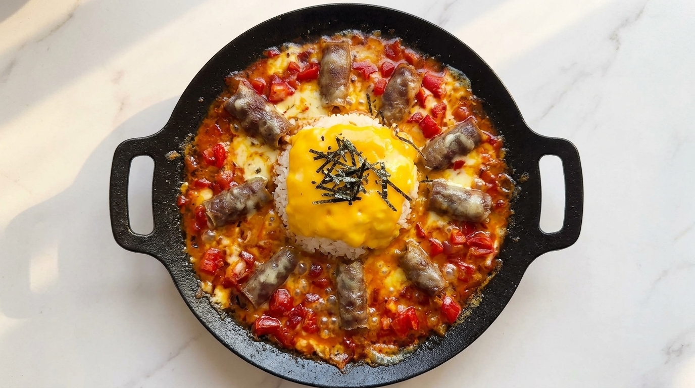 A sizzling pan of Tomato Beef Cheese Rice with a molten cheddar topping and a ring of savory beef rolls.