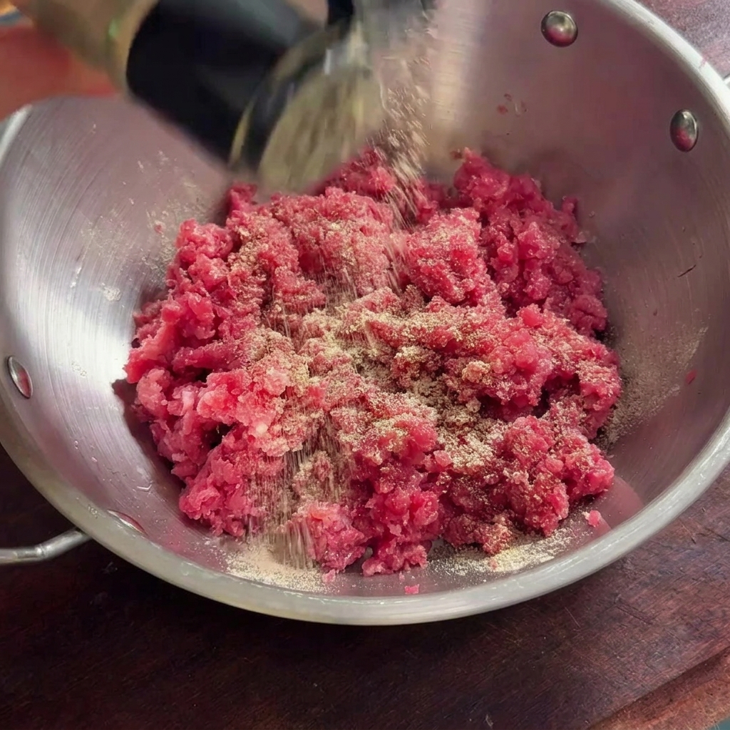 Black pepper and clear cooking wine being poured over a pile of raw ground beef in a stainless steel bowl.