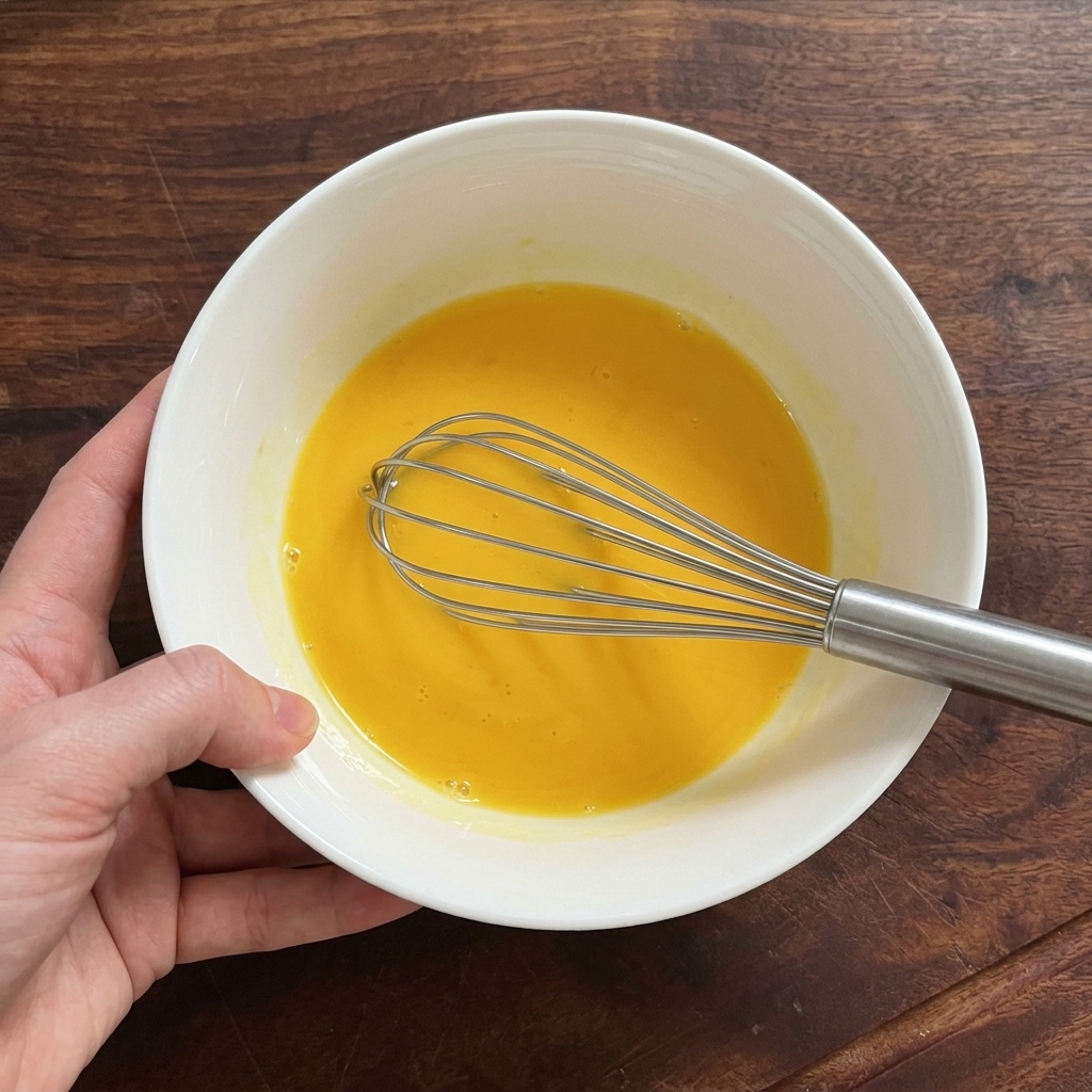 A metal whisk mixing bright yellow egg yolks and whites in a white ceramic bowl.