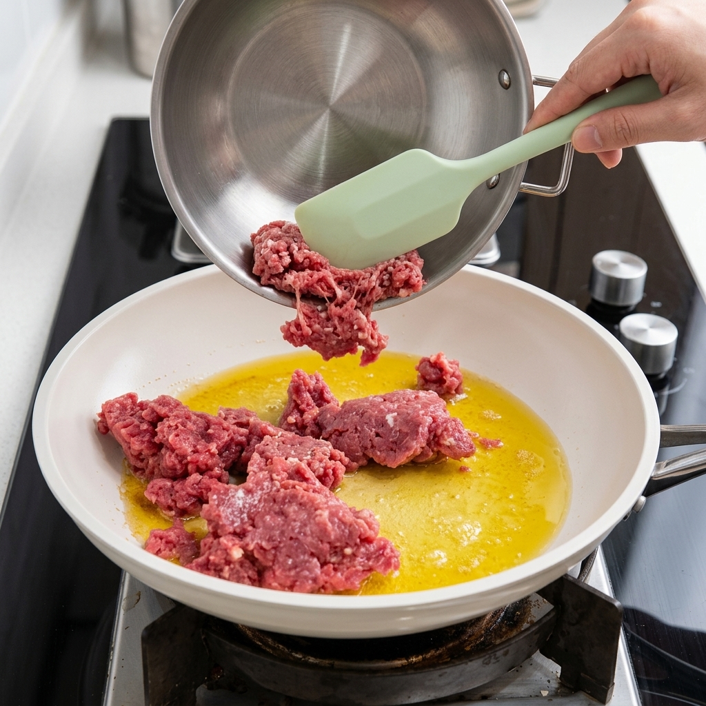 Raw ground beef being dropped from a metal bowl into a frying pan filled with melted butter.