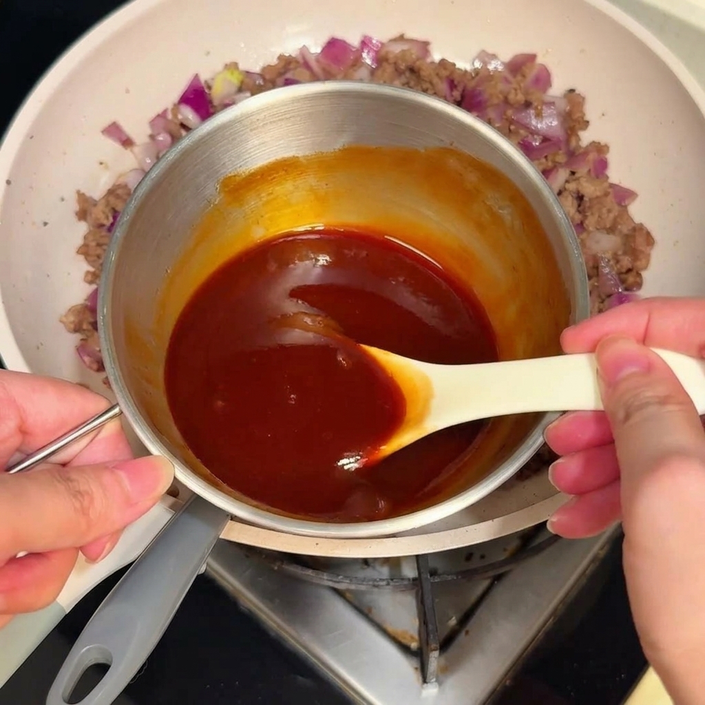 A small stainless steel pot containing a thick red sauce being stirred with a white spoon.