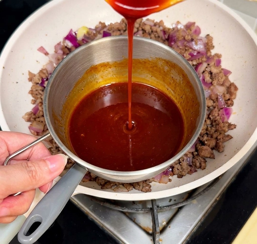 A thick red sauce being poured from a small metal pot into a white pan filled with cooked ground beef and chopped purple onions.