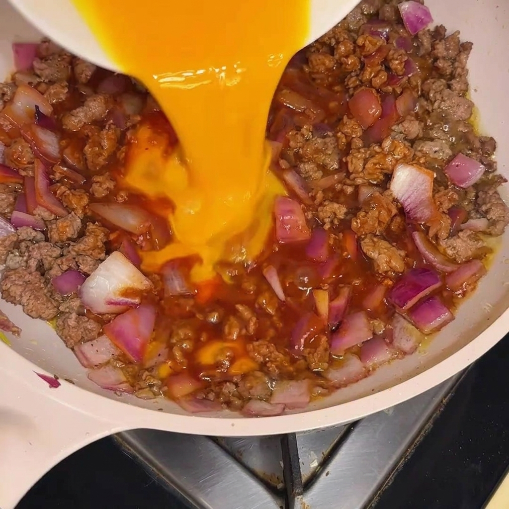 Bright yellow beaten eggs being poured in a thick stream onto a simmering mixture of beef, onions, and red sauce in a pan.