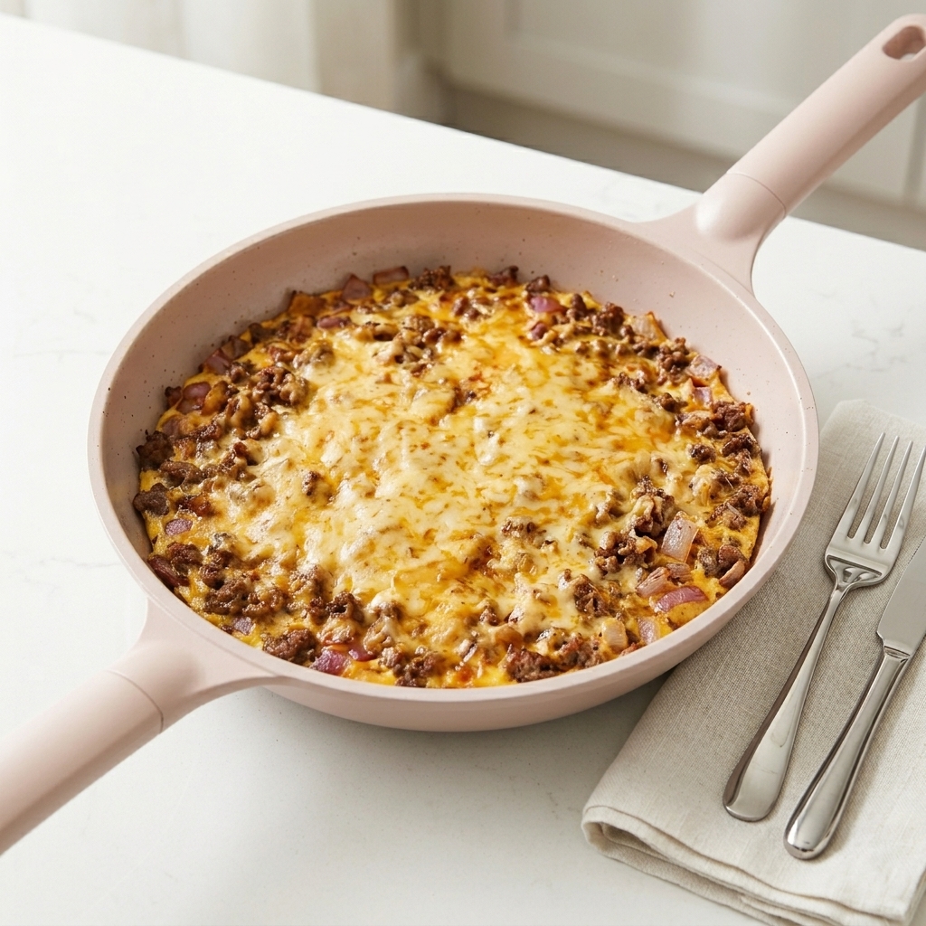 A white skillet on a countertop filled with a beef and egg base, covered in melted yellow cheese slices and white shredded mozzarella.