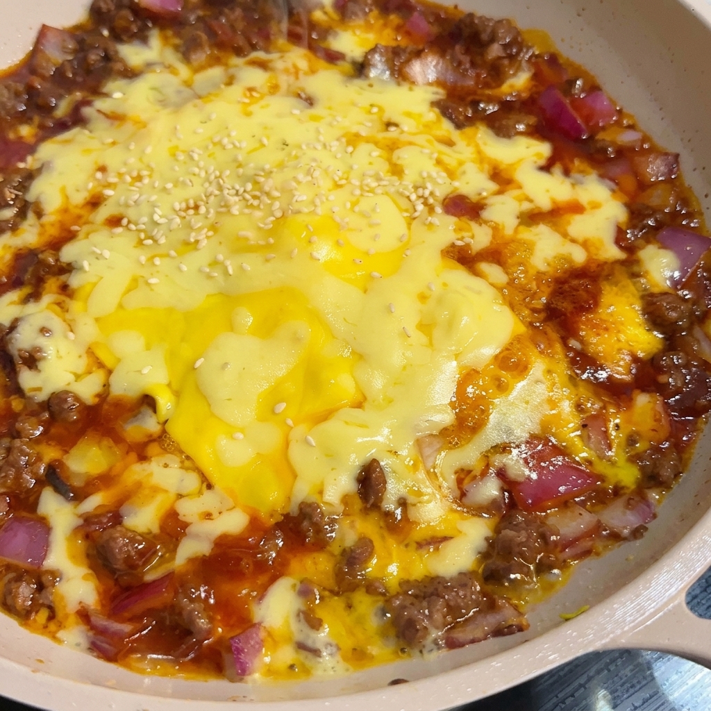 A close-up shot of melted yellow and white cheese over beef and onions, garnished with a light dusting of white sesame seeds.