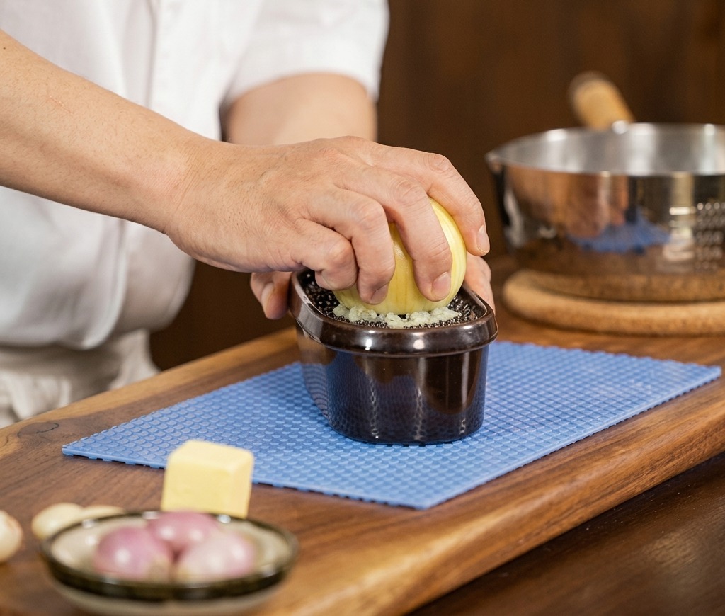 A person grating a peeled white onion over a dark ceramic grater, creating a pile of fine white pulp.