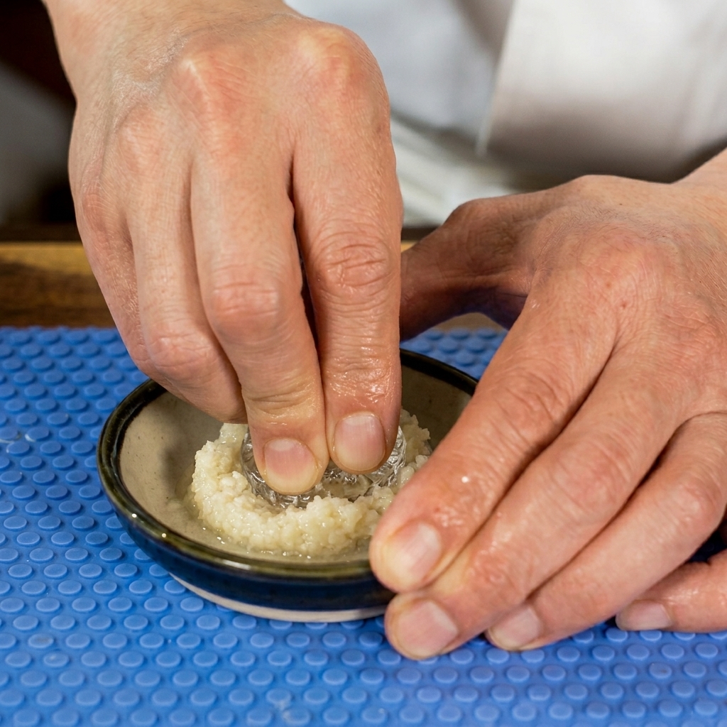 Close-up of a garlic clove being rubbed against a small ceramic grater plate to create a smooth paste.