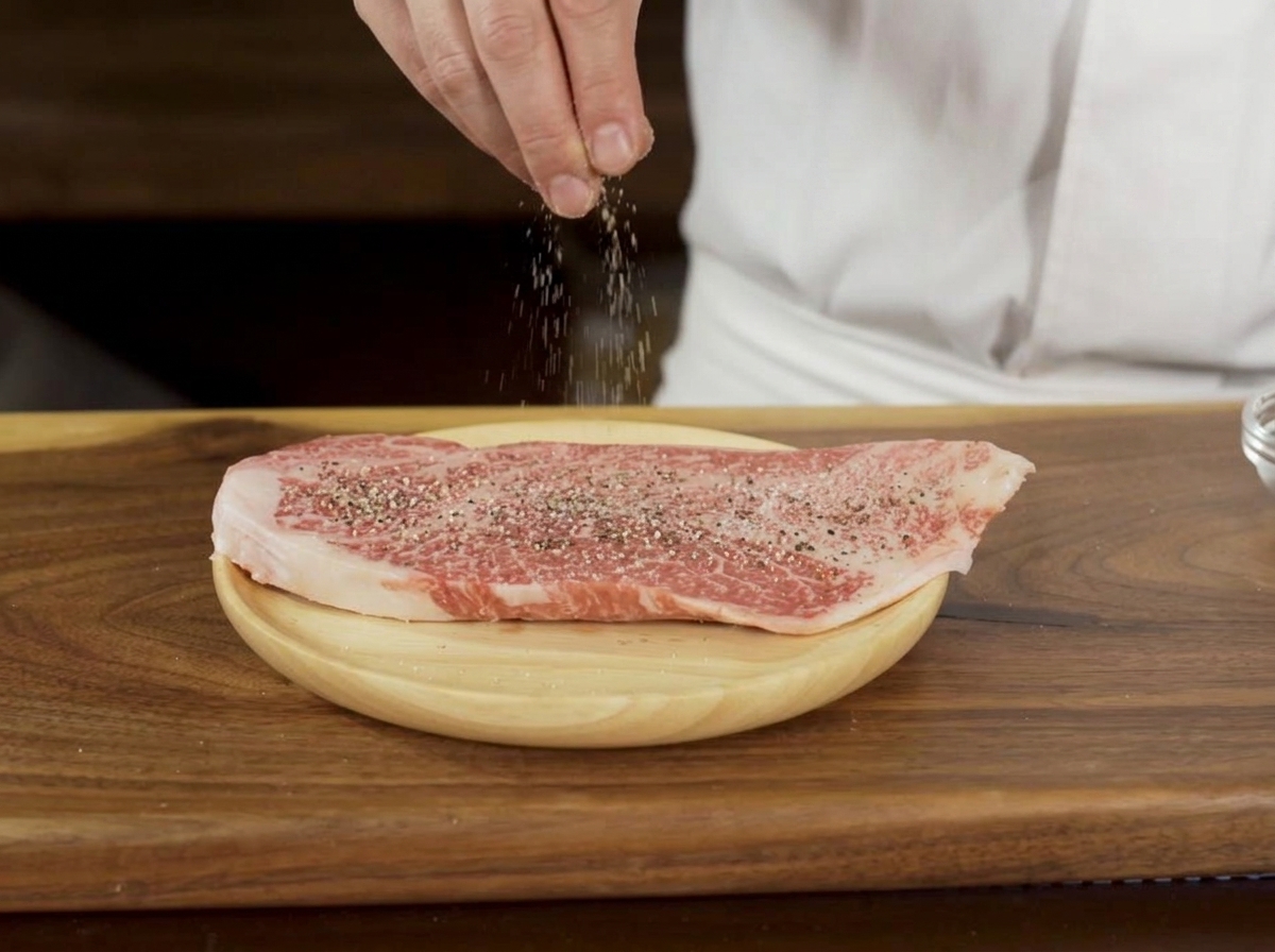 A hand sprinkling salt and ground pepper onto a thick, raw marbled steak resting on a wooden board.