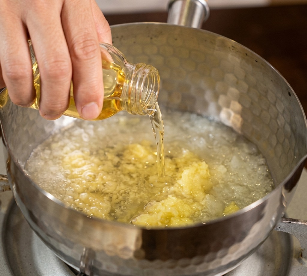 Mirin being poured from a clear glass bottle into a stainless steel pot filled with grated aromatic pulps.