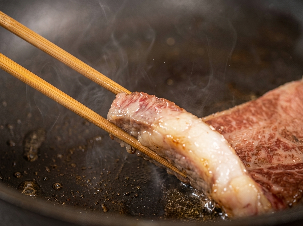 Wooden chopsticks lifting a seared beef steak in a pan to show the deeply browned and caramelized bottom surface.
