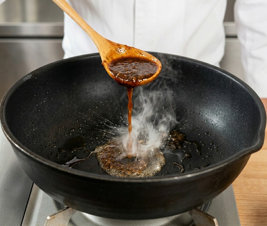 A wooden spoon pouring a thick, dark brown aromatic sauce over a seared steak inside a steaming black pan.