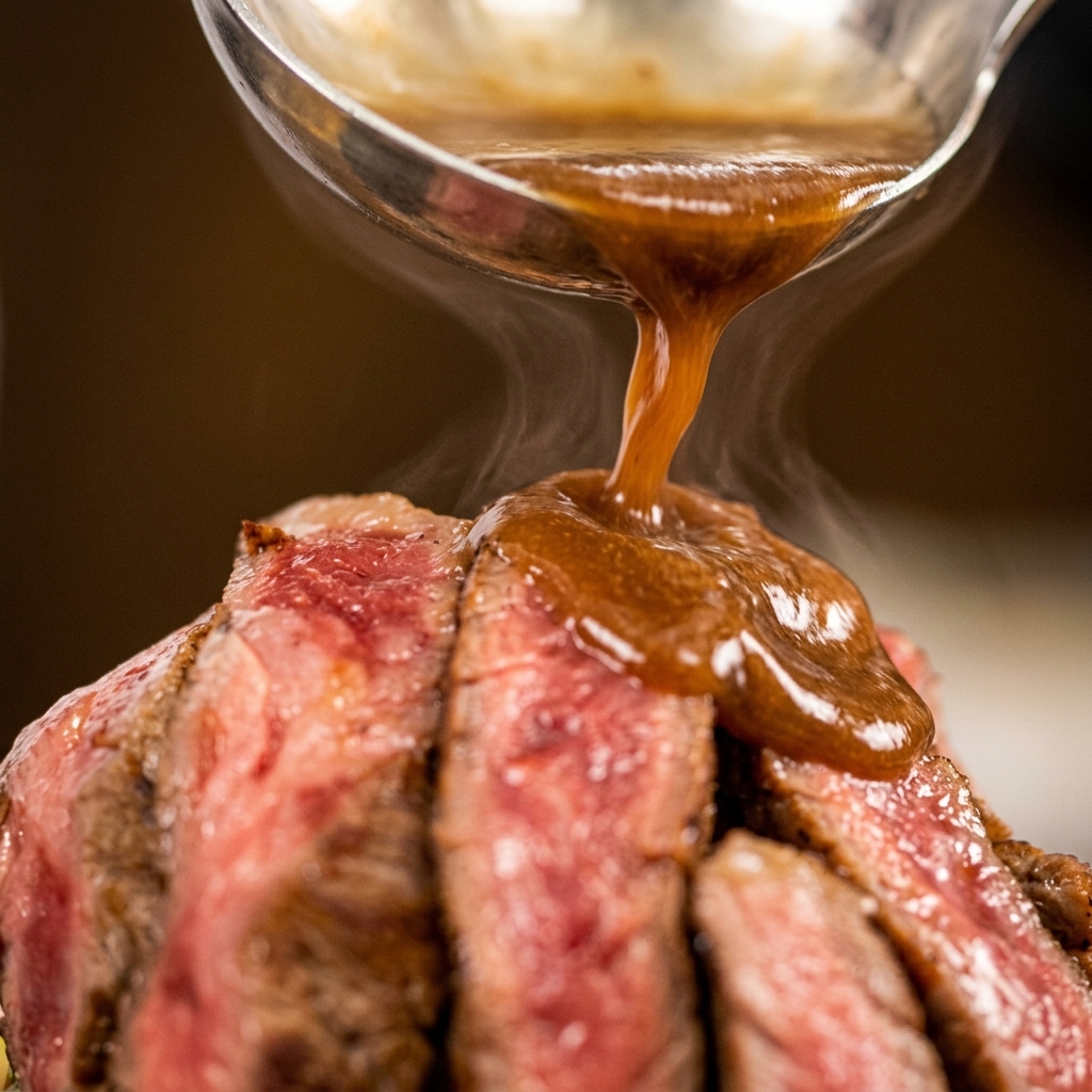 Thick brown sauce being poured from a silver ladle onto sliced medium-rare steak, with steam rising from the hot glaze.