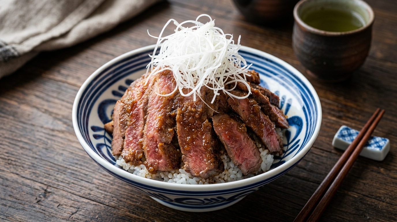 Premium Steak Donburi with Savory Onion Glaze (Yakiniku Don)
