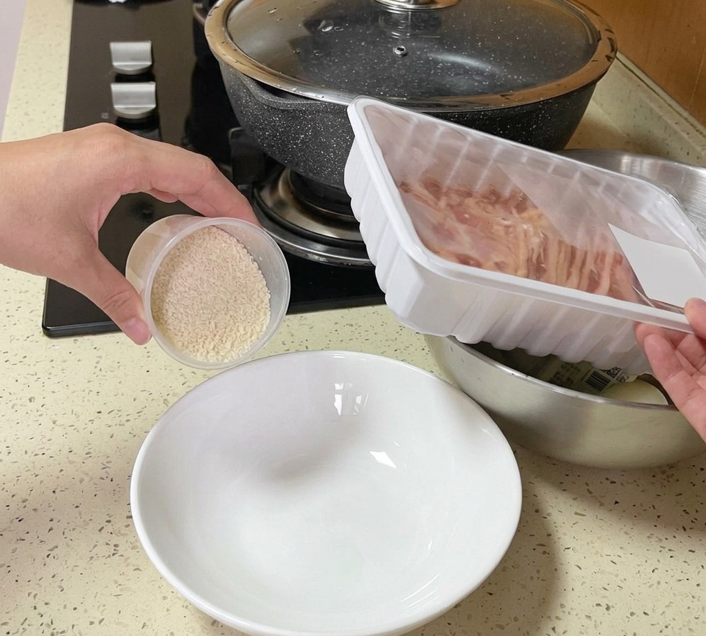 A hand pouring clear water from a plastic measuring cup into a white bowl containing uncooked white rice.