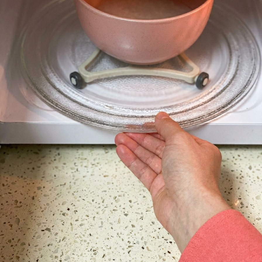 A hand placing a pink bowl containing water and rice onto the glass turntable inside a white microwave.