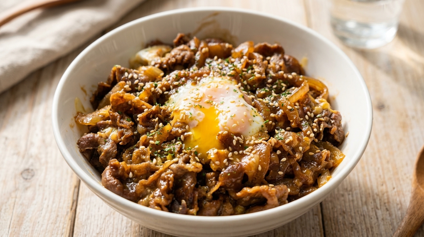 Cheesy Microwave Beef Donburi (Fatty Beef Rice Bowl)