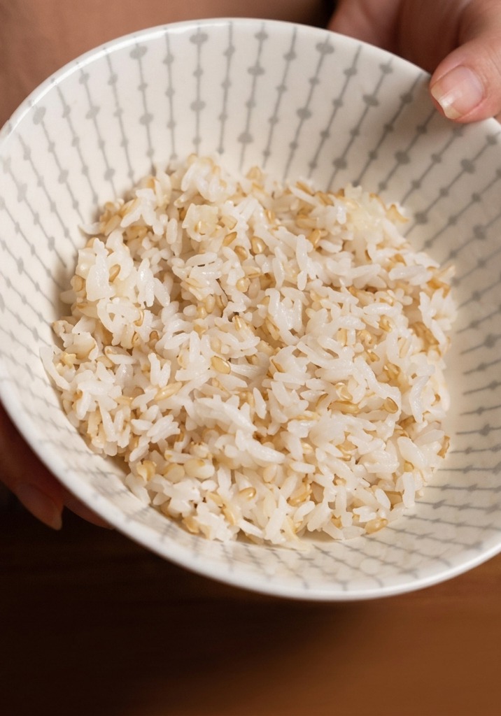 A close-up shot of a white ceramic bowl filled with a mixture of raw white rice and tan sprouted brown rice grains.