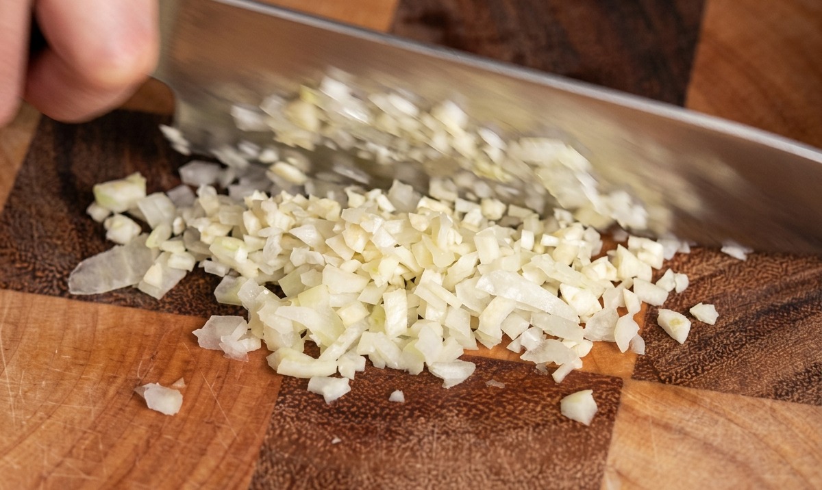 A close-up shot of a chefs knife mincing garlic cloves into small bits on a wooden cutting board.
