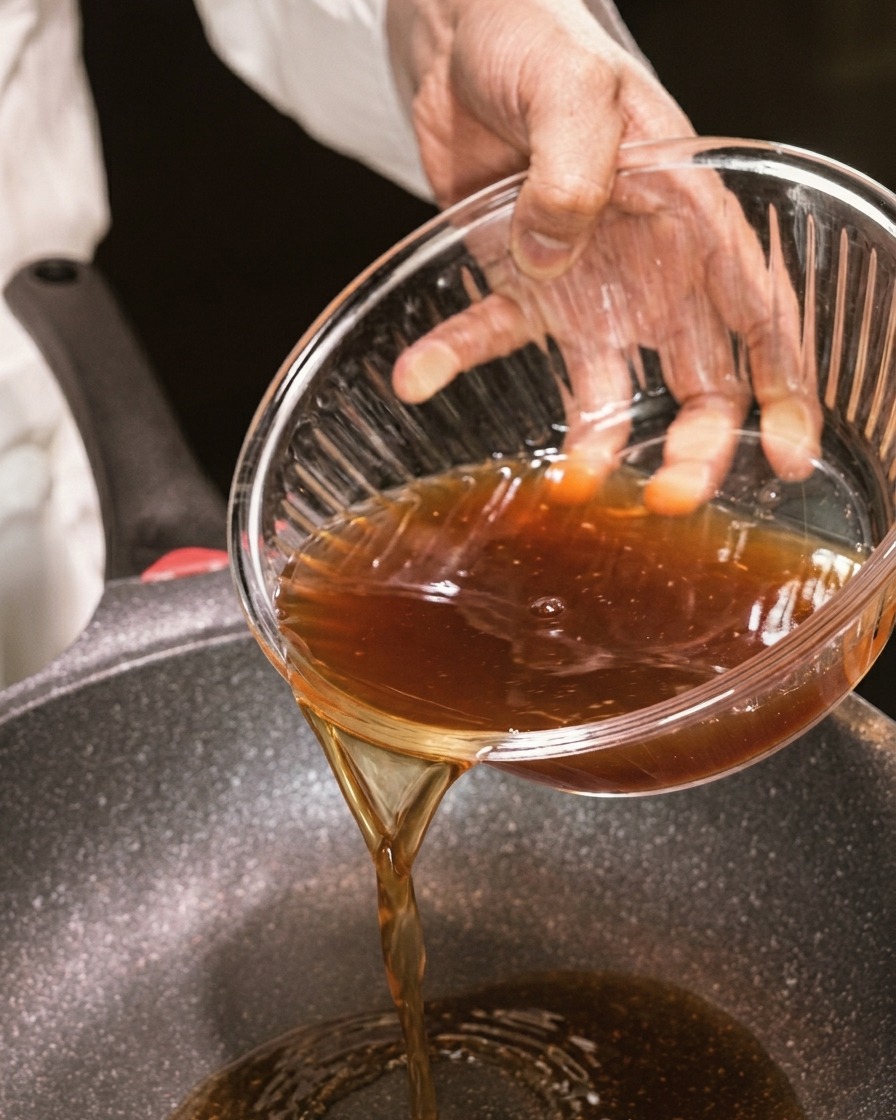 Dark savory beef stock being poured from a clear glass bowl into a hot frying pan on a stovetop.
