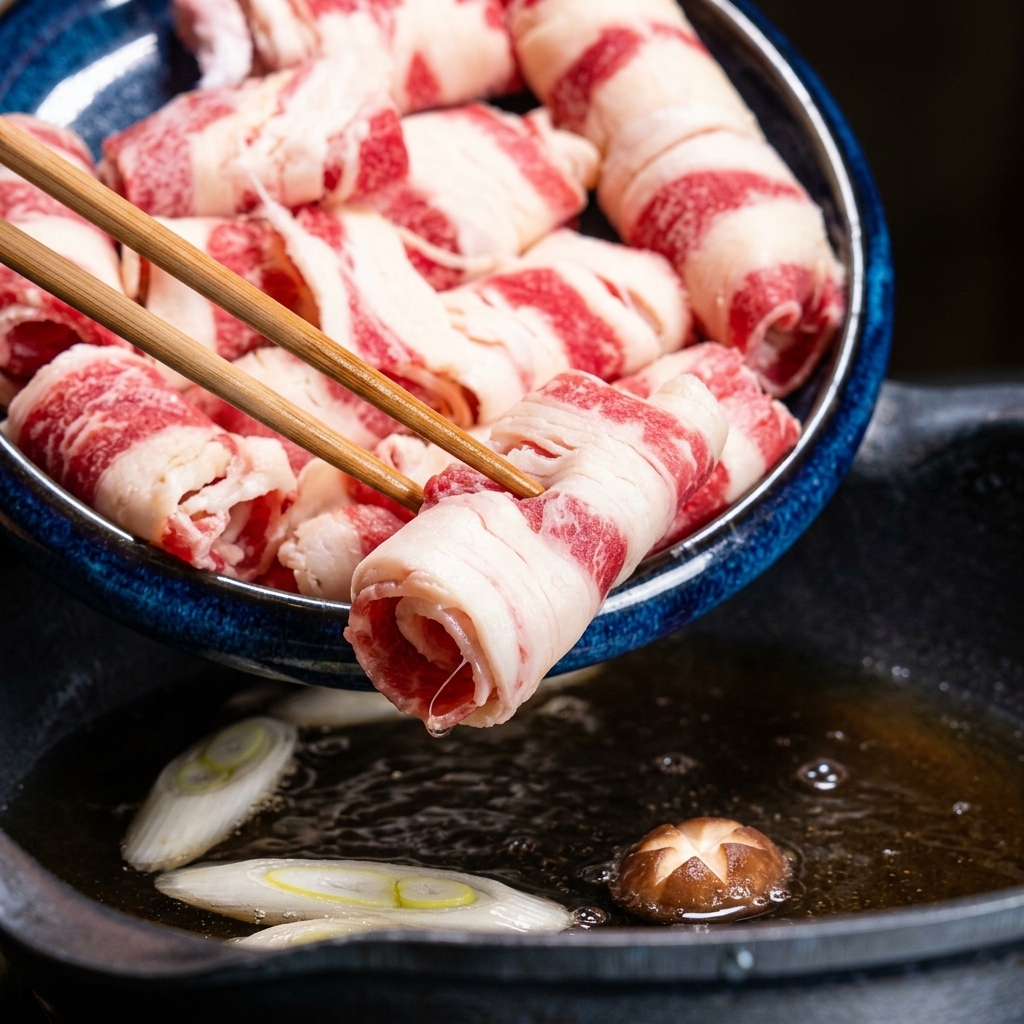 Thinly sliced raw beef being placed into a pan of simmering stock using wooden chopsticks.