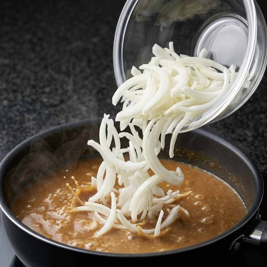 Slices of white onion falling from a clear glass bowl into a pan of bubbling savory stock.