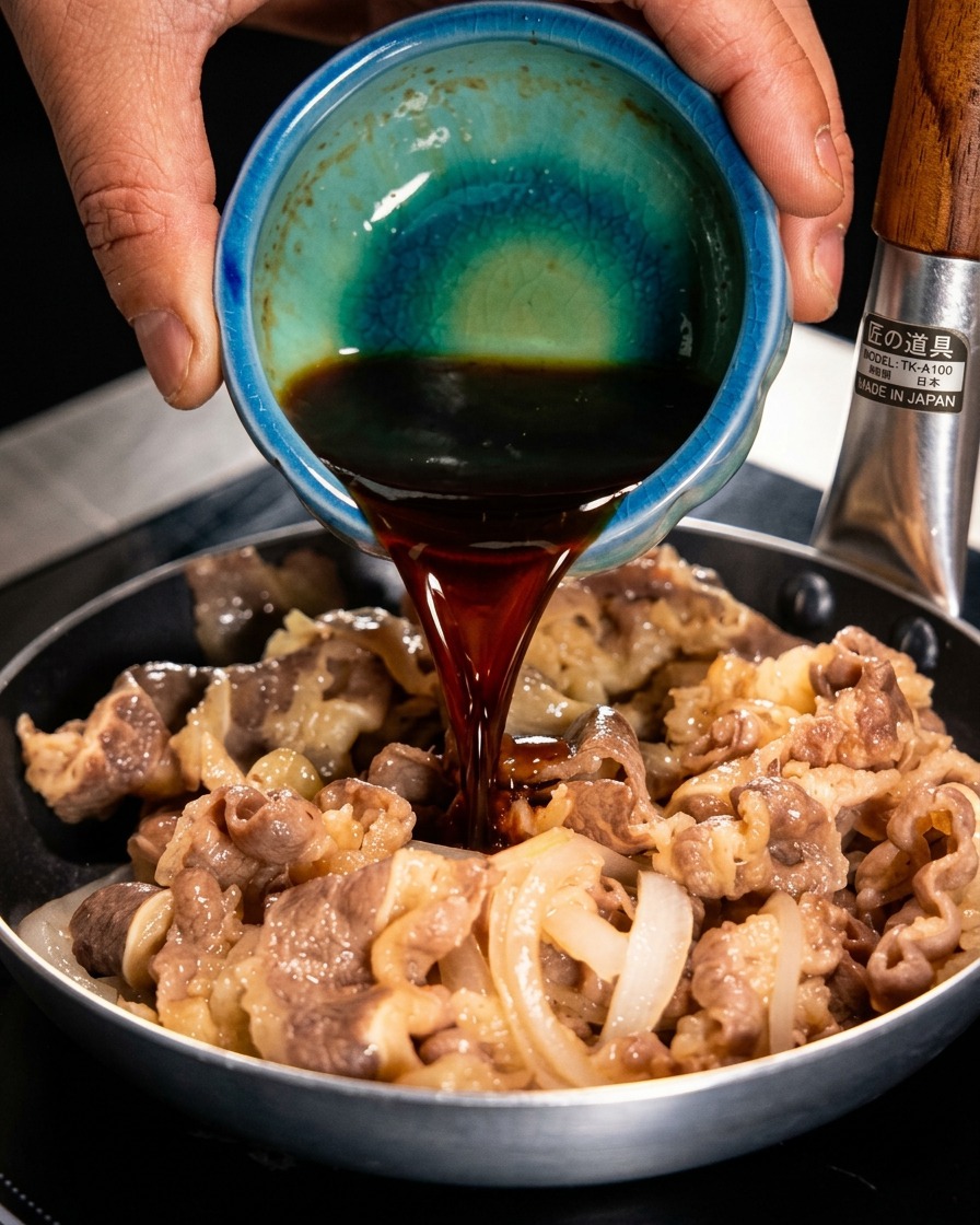 Dark brown yakiniku BBQ sauce being poured from a small blue ceramic bowl onto a mixture of cooked beef and onions in a frying pan.