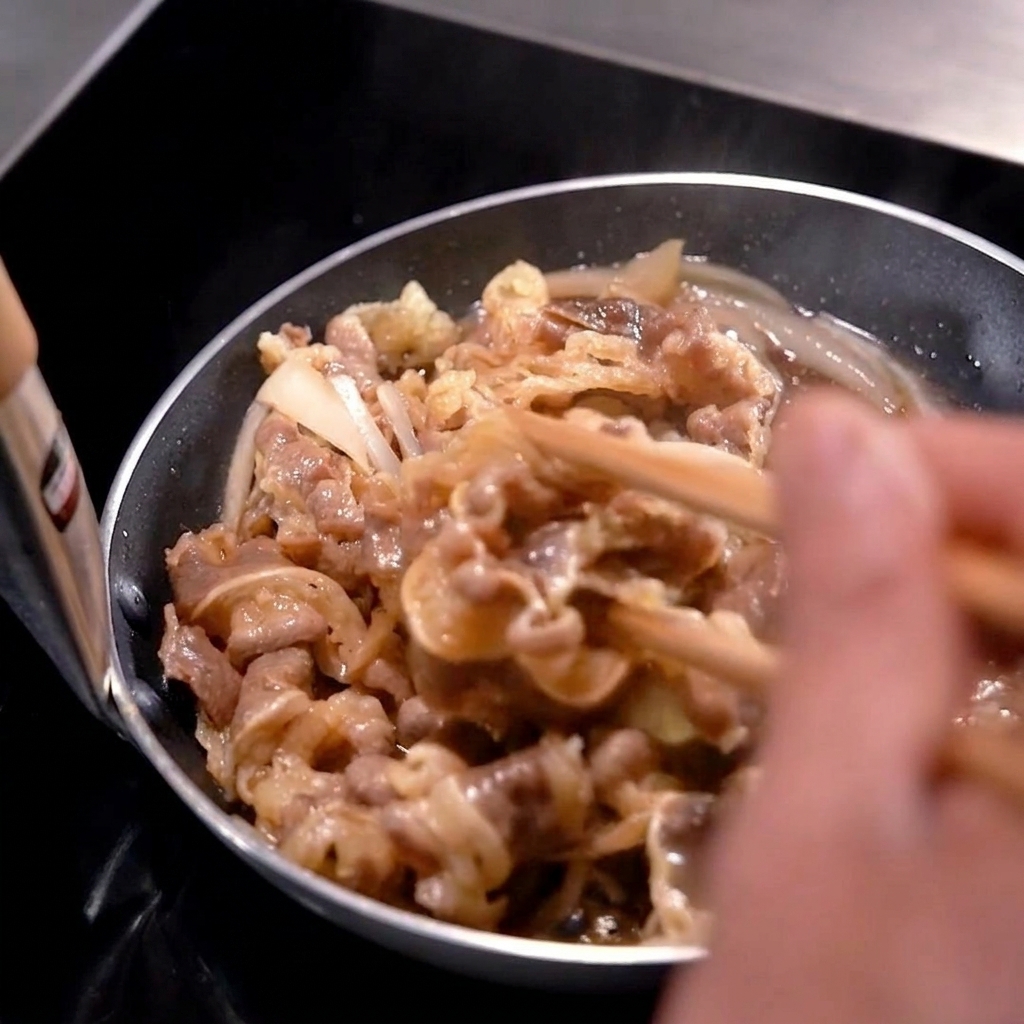 Beef slices and onions being stirred in a pan with a dark, glistening sauce bubbling around them.