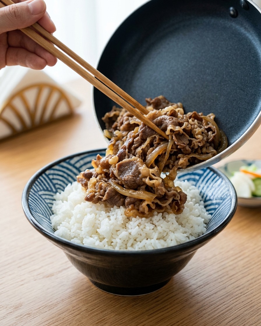 Glazed beef and onions being transferred from a frying pan onto a large bowl of fluffy white rice using wooden chopsticks.