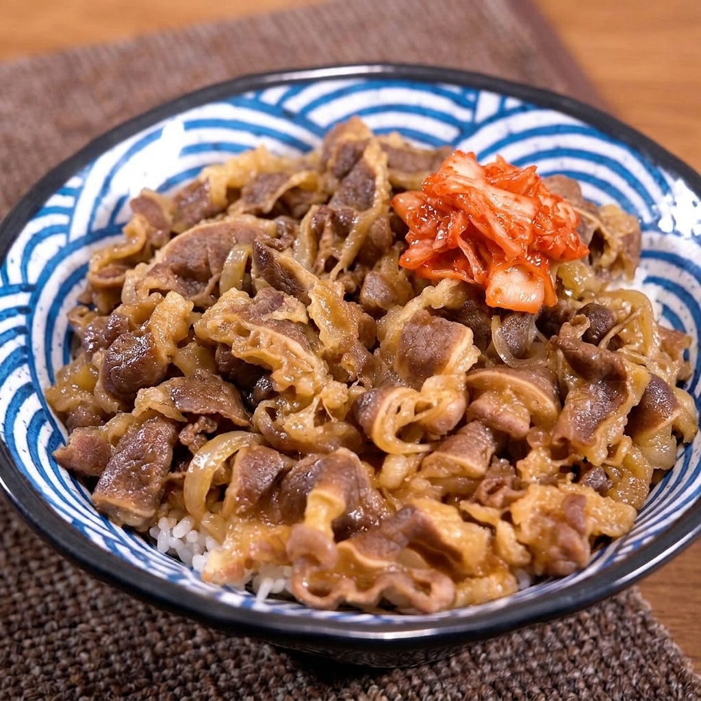 A bowl of beef and rice being topped with a cluster of bright red kimchi using chopsticks.