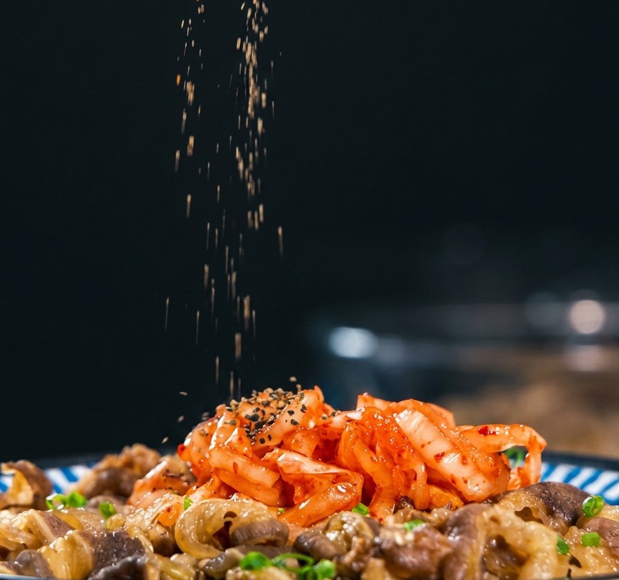 A hand sprinkling black and white sesame seeds over a finished Japanese beef bowl topped with kimchi.