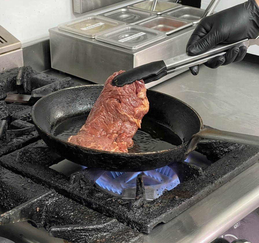 Tongs placing a piece of marinated raw beef into a hot oiled cast iron frying pan.