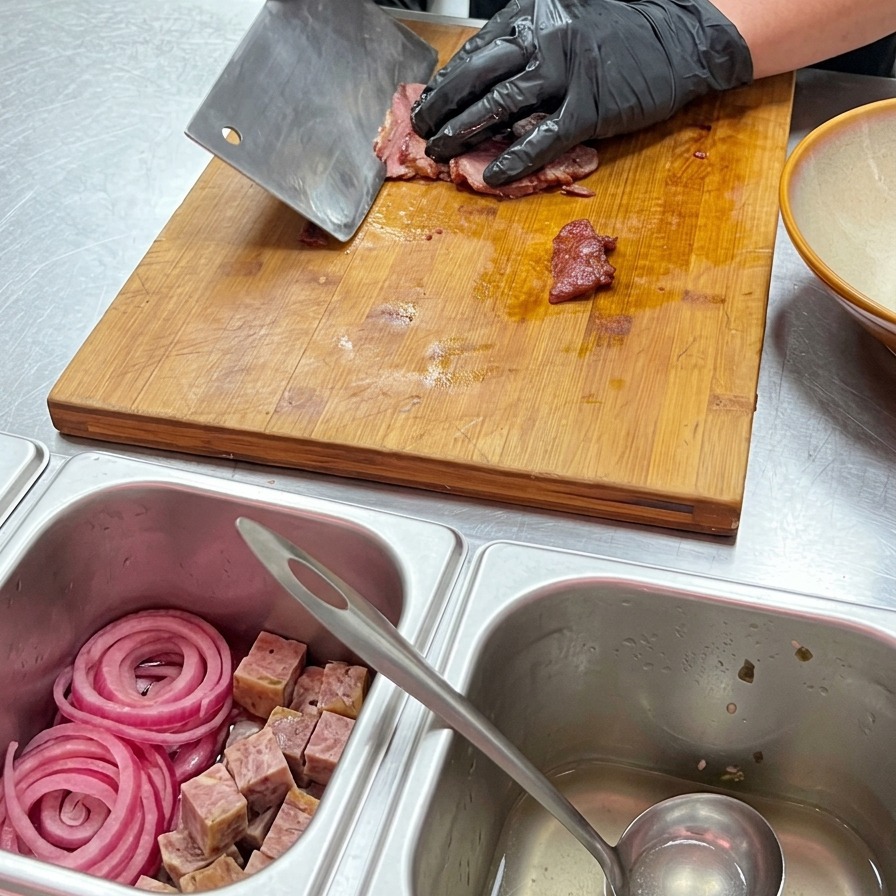 Gloved hands using a cleaver to slice a seared beef steak into thin medium-rare strips on a wooden cutting board.