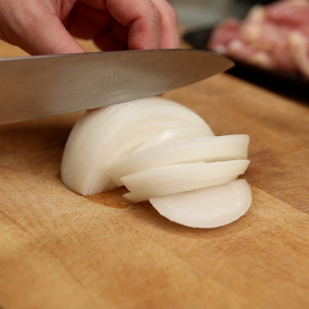 A sharp chefs knife slicing through a white onion on a wooden cutting board, creating thin, uniform slices.