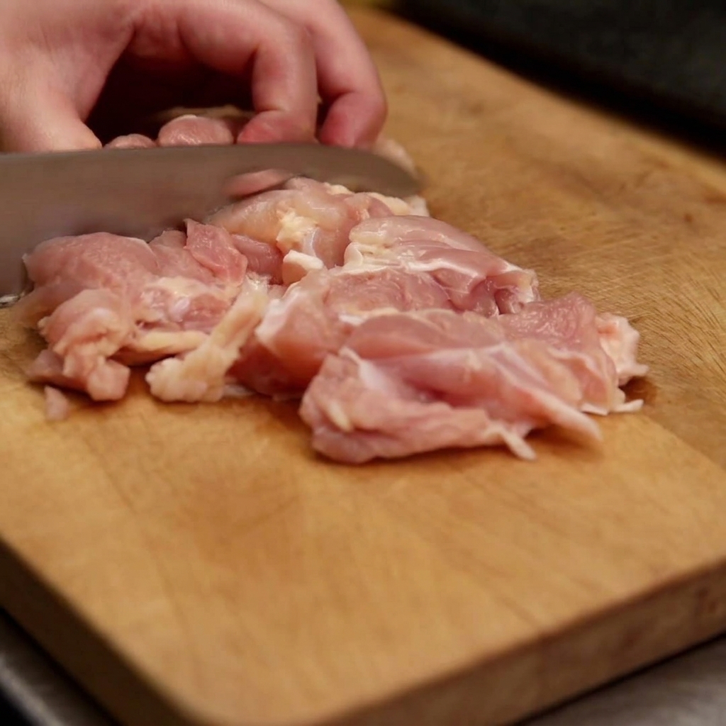 Close-up of raw pink chicken thigh being sliced into small, even pieces on a wooden board.