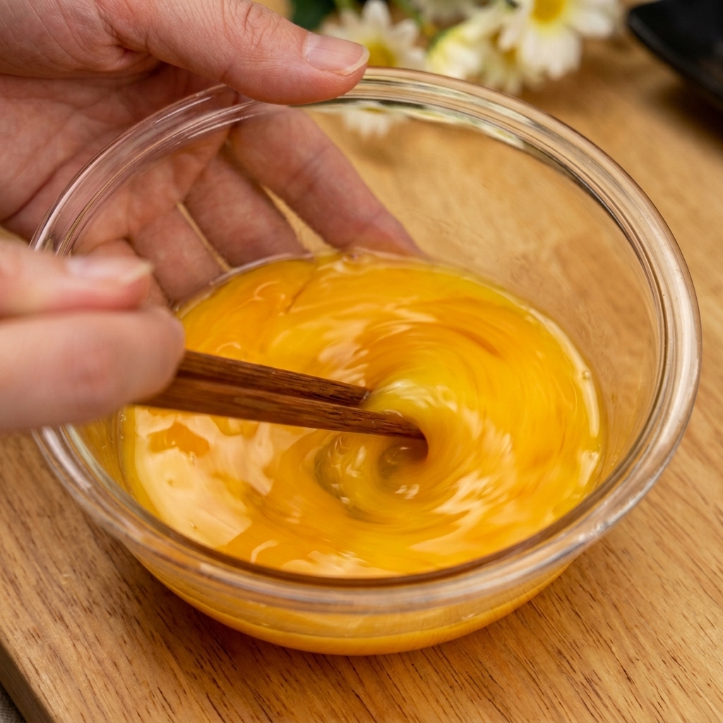 A close-up shot of hands using wooden chopsticks to beat eggs in a glass bowl on a wooden countertop.