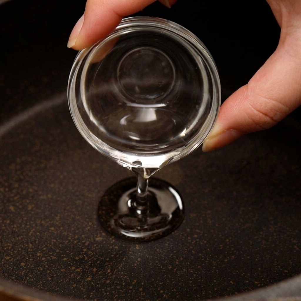 Clear salad oil being poured from a small glass bowl into the center of a dark frying pan.