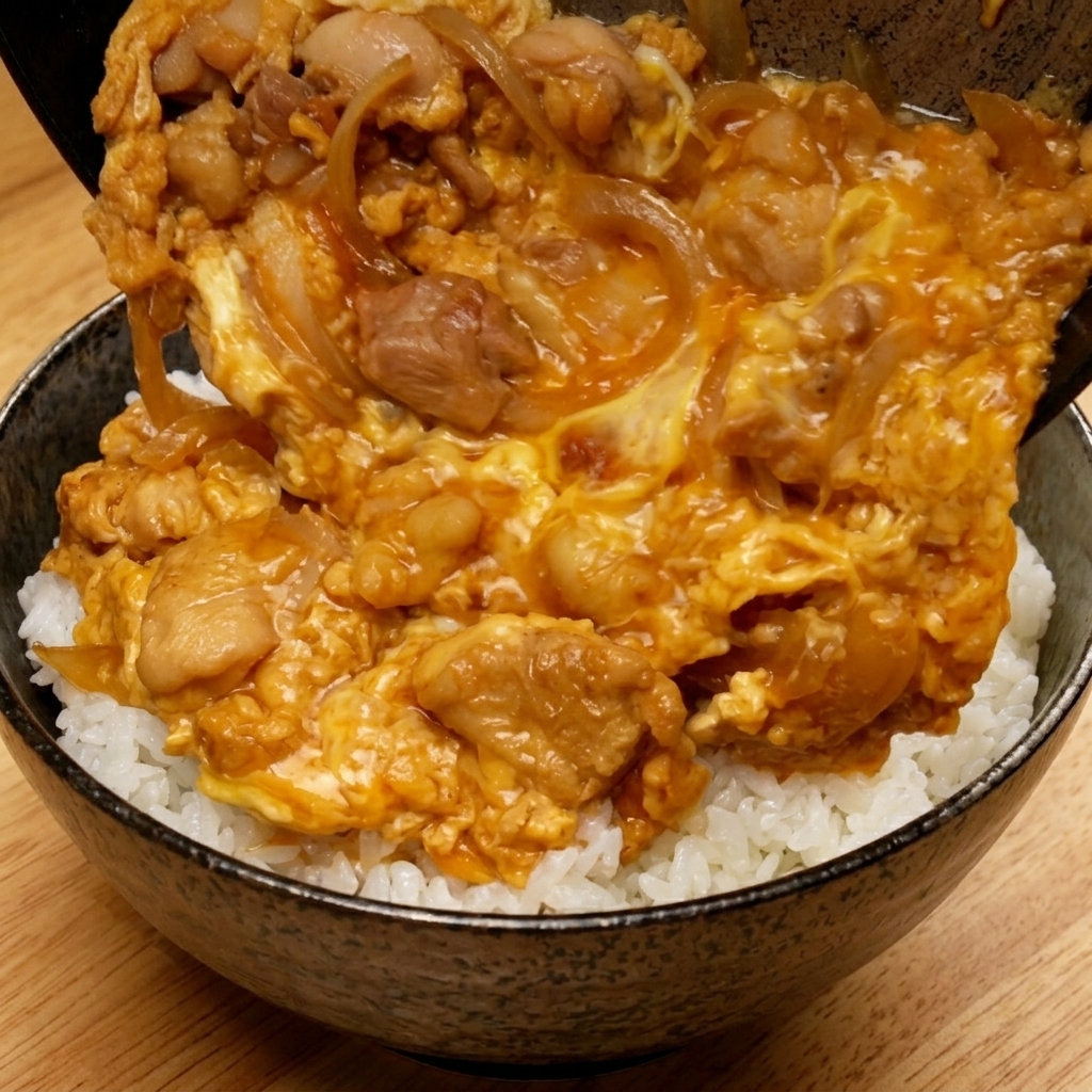 The cooked egg and chicken mixture being slid from a cast-iron pan onto a bowl of fluffy white rice.