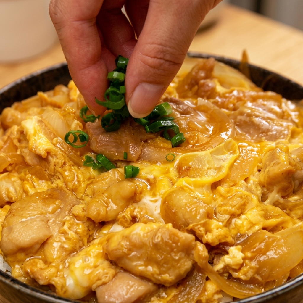 A hand sprinkling sliced green onions over a steaming bowl of completed Oyakodon.